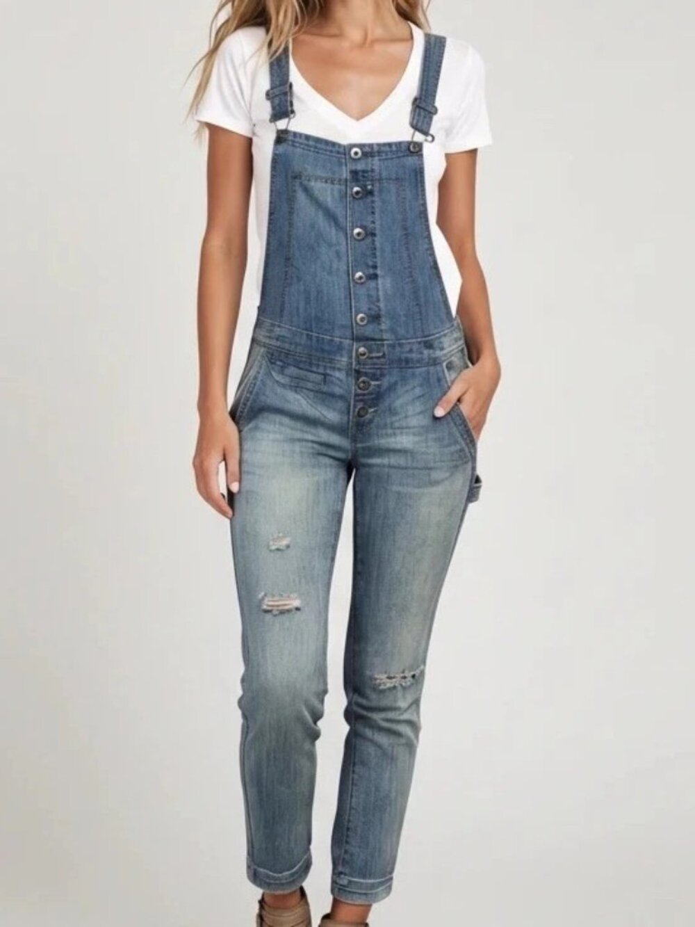 Free People High Roller Denim Overalls Distressed Sz 28” Waist US Sz 6